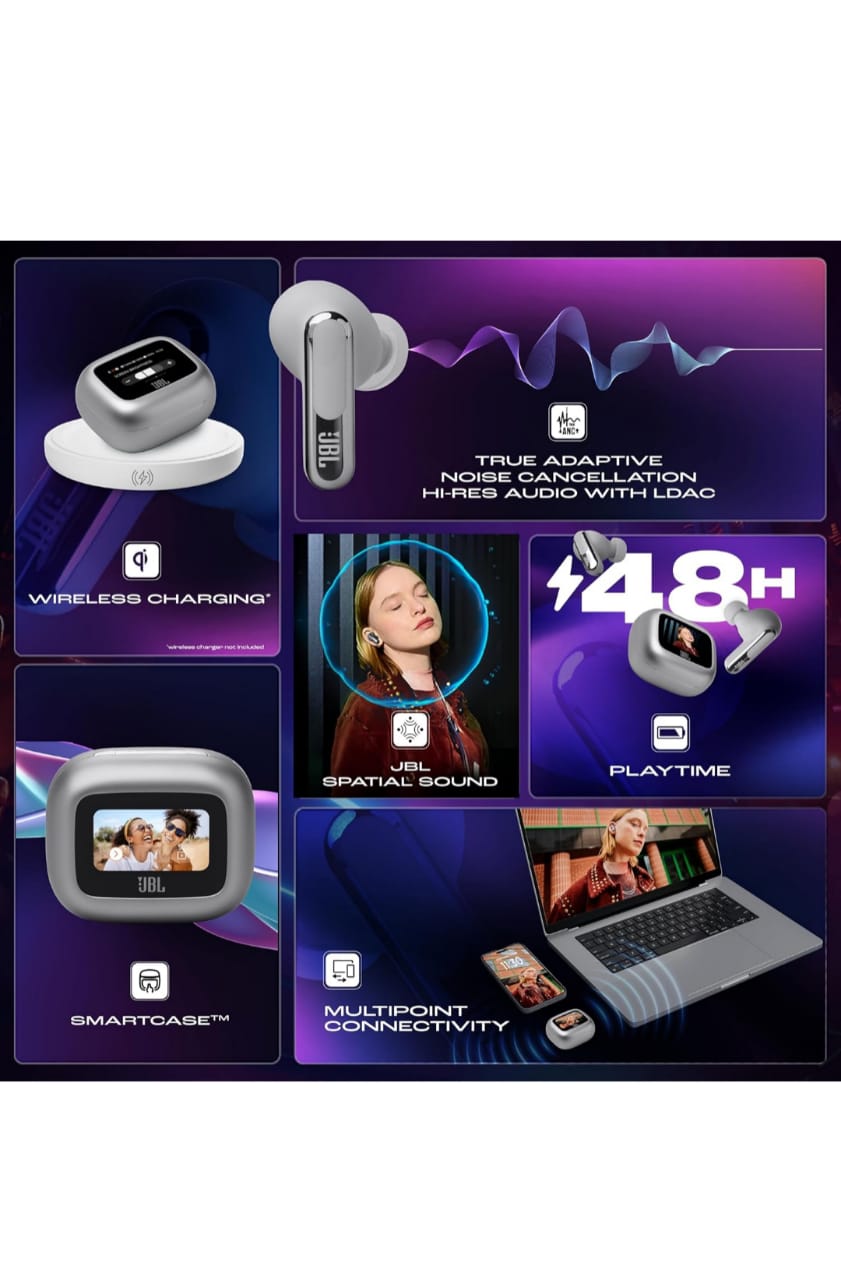 JBL New Launch Live Beam 3 TWS,Hi-Res Audio True ANC Earbuds,Smart Case with Touch Display,48H Playtime,Wireless Charging,6 Mic,Multipoint Connection,Ip55 Proof, (Refurbished),Personi-Fi 3.0 (Silver) Earphones