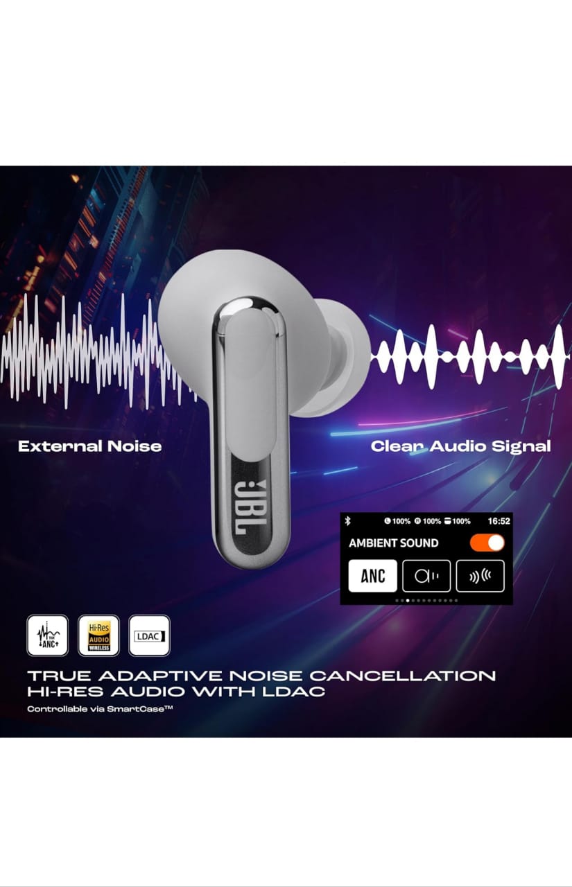 JBL New Launch Live Beam 3 TWS,Hi-Res Audio True ANC Earbuds,Smart Case with Touch Display,48H Playtime,Wireless Charging,6 Mic,Multipoint Connection,Ip55 Proof, (Refurbished),Personi-Fi 3.0 (Silver) Earphones